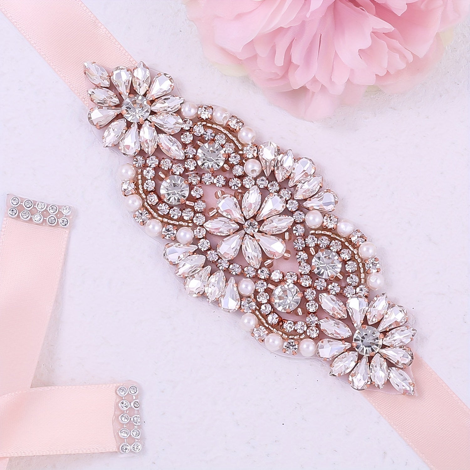 Rhinestone Waistband Satin Ribbon Belt Wedding