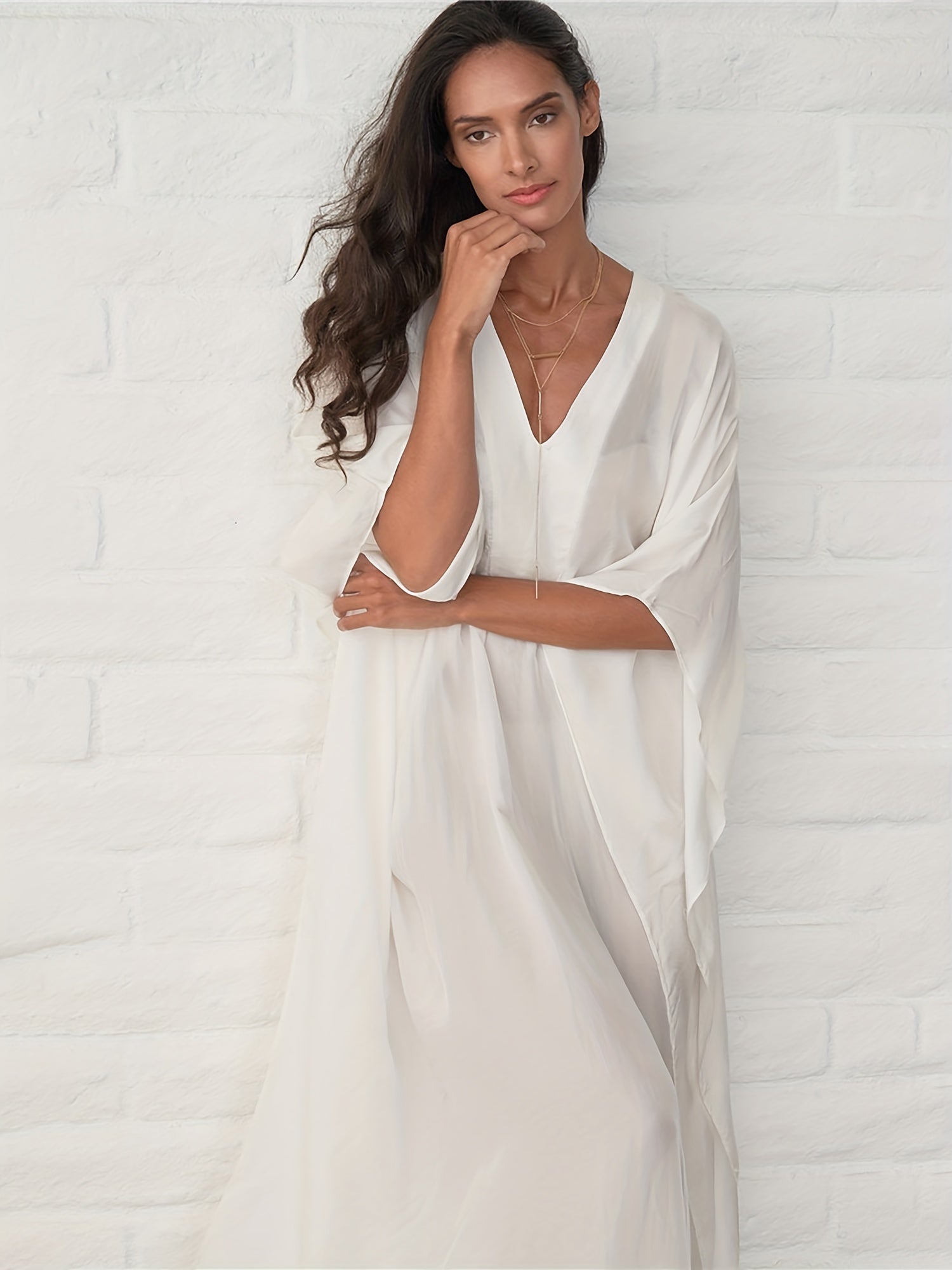  Solid Bat Sleeve V Neck Maxi Cover Up Dress