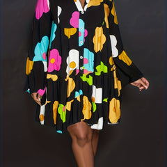 Women's Plus Floral Print Bell Sleeve Button Up V Neck Smock Dress