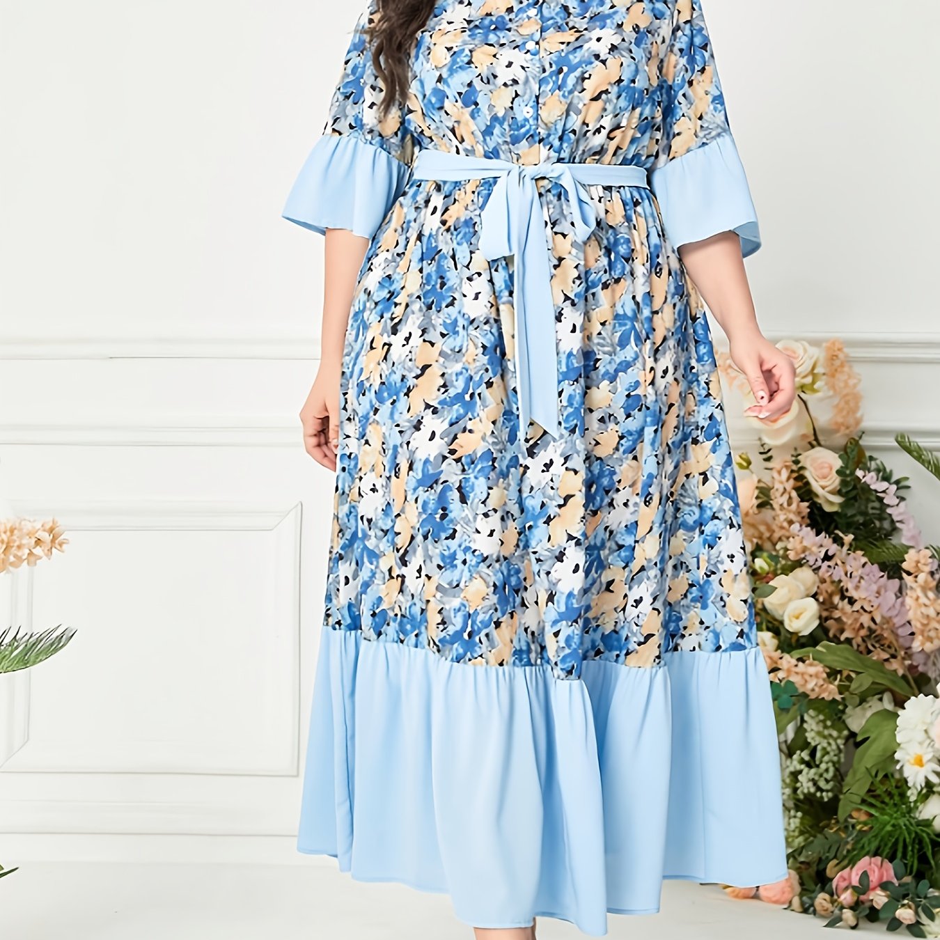  Dress Colorblock Floral Print Ruffle Trim Maxi Dress