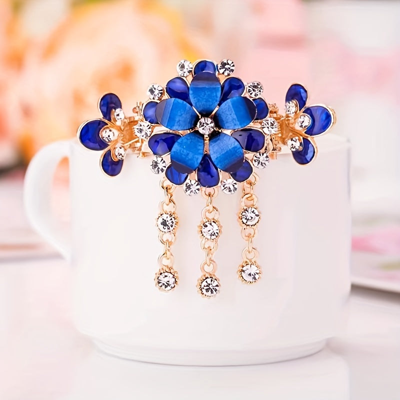 Flower Hair Clip with Rhinestone Tassel Back Head Decoration