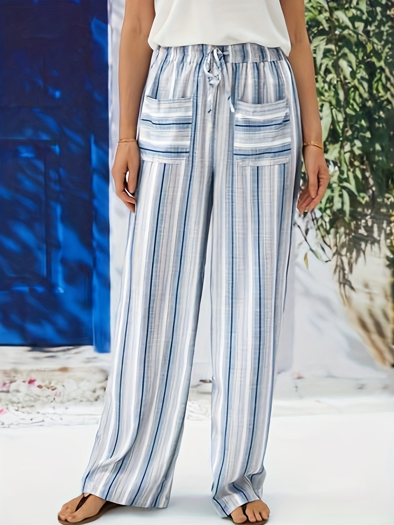  Stripe Print Straight Leg Pants With Pockets