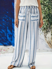  Stripe Print Straight Leg Pants With Pockets