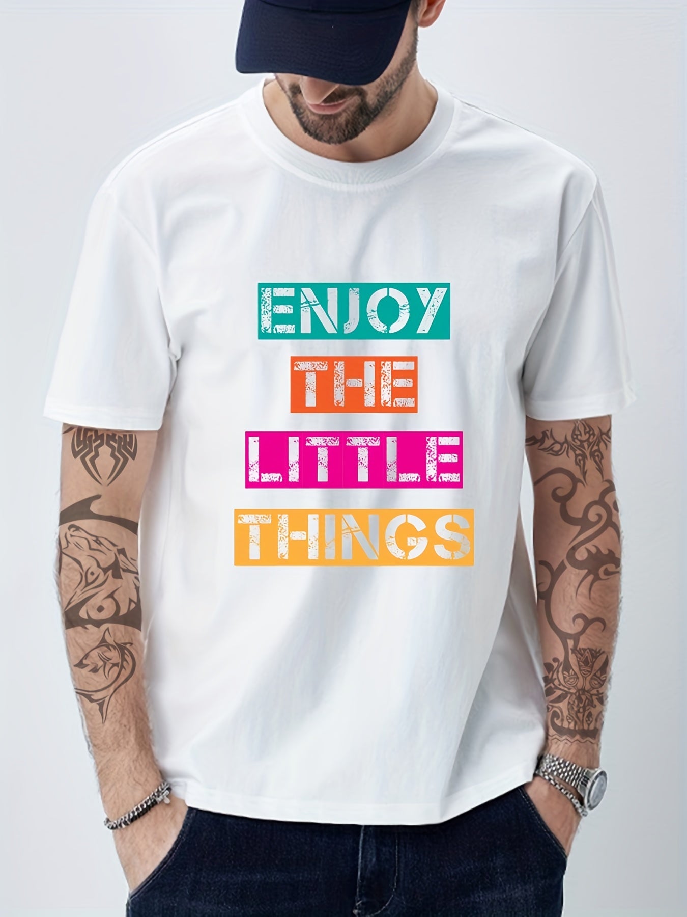 Solid Cotton Men's Graphic Crew Neck T-shirt Casual Comfy Tee