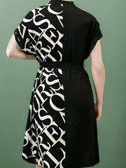  Colorblock Letter Print Shirt Dress With Belt
