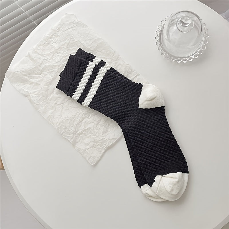 Colorblock Stripe Textured Socks Breathable Mid Tube Stockings