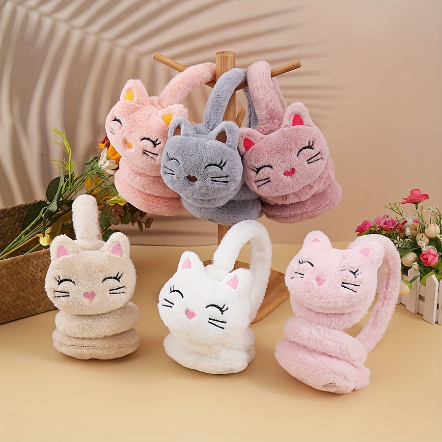 Women's Plush Ear Warmer Soft Beige Gray Cat Ear Covers Winter Hats