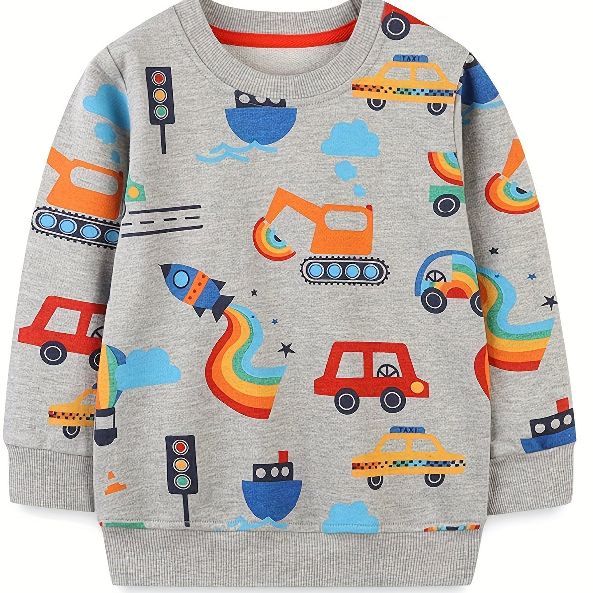 Boys' Cartoon Vehicles Print Hoodie Long Sleeve Top Pullover