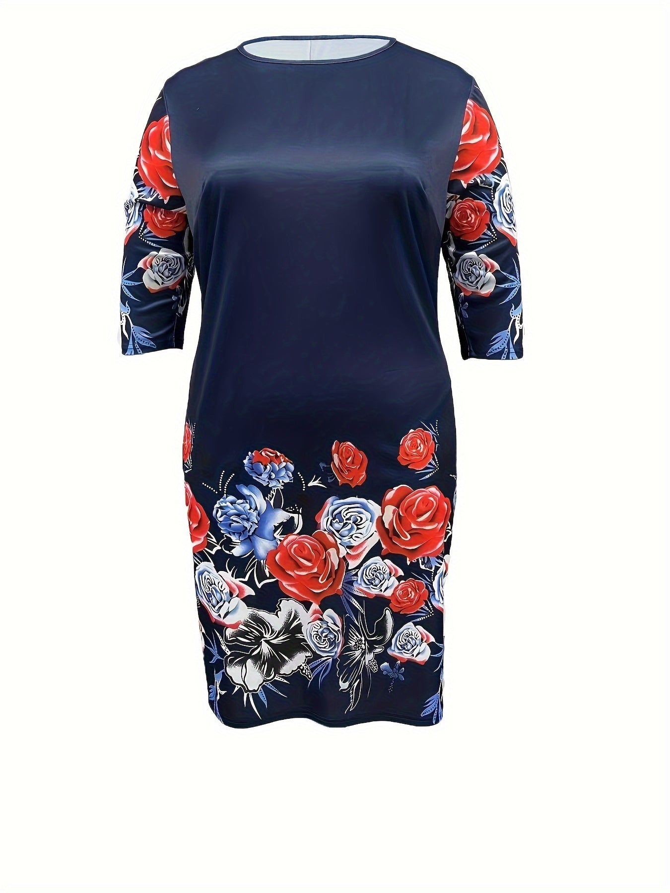 Women's Plus Floral Print 3/4 Sleeve Knee Length Casual Dress