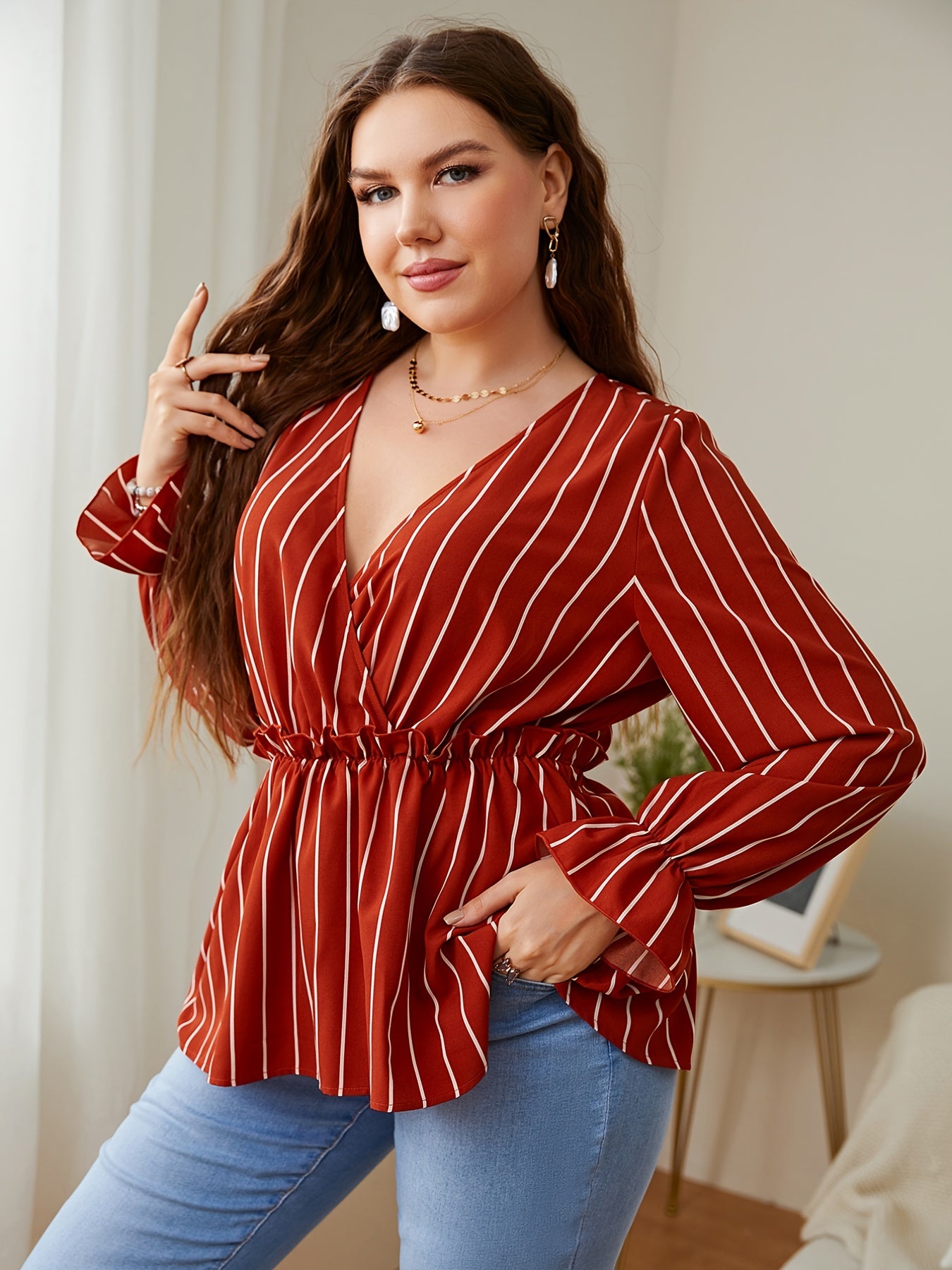  Striped Print V Neck Peplum Blouse Long Sleeve Casual Top