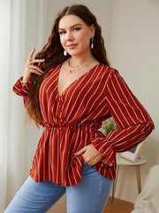 Striped Print V Neck Peplum Blouse Long Sleeve Casual Top