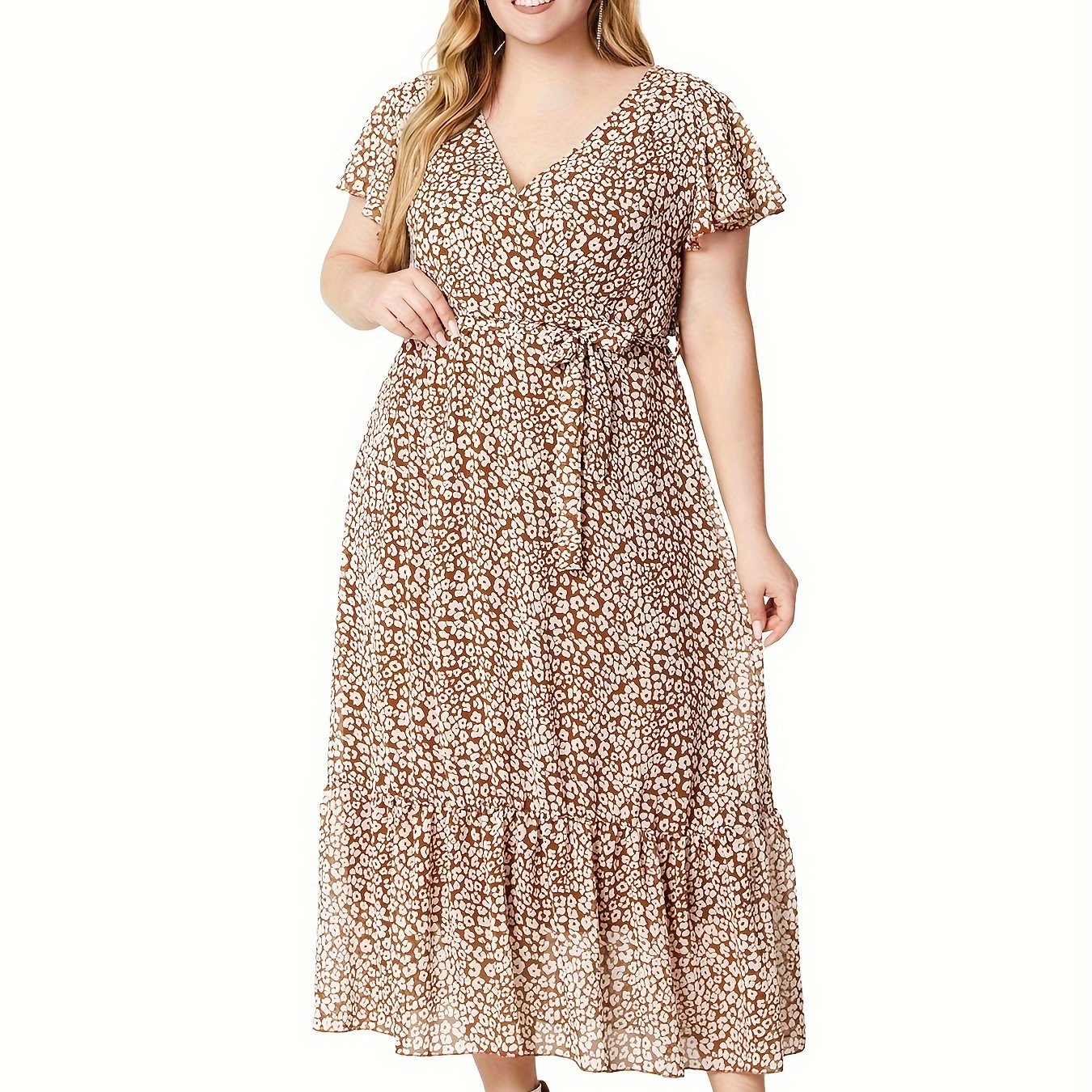  Ditsy Print Flutter Sleeve Maxi Dress With Belt