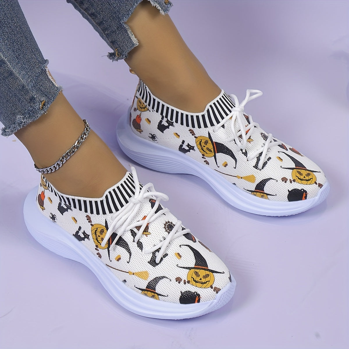 Halloween Pumpkin Print Mesh Running Shoes