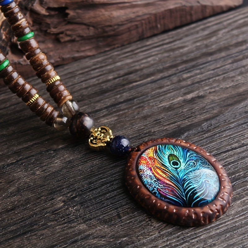 Boho Feather Pendant Wooden Beaded Necklace