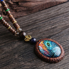 Boho Feather Pendant Wooden Beaded Necklace