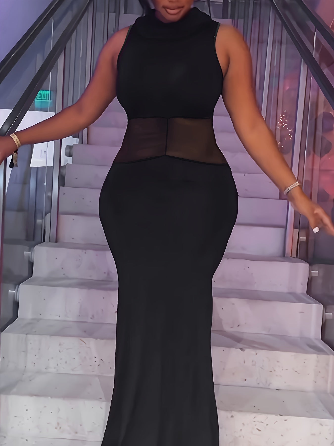  Mermaid Hooded Maxi Dress with Mesh Contrast