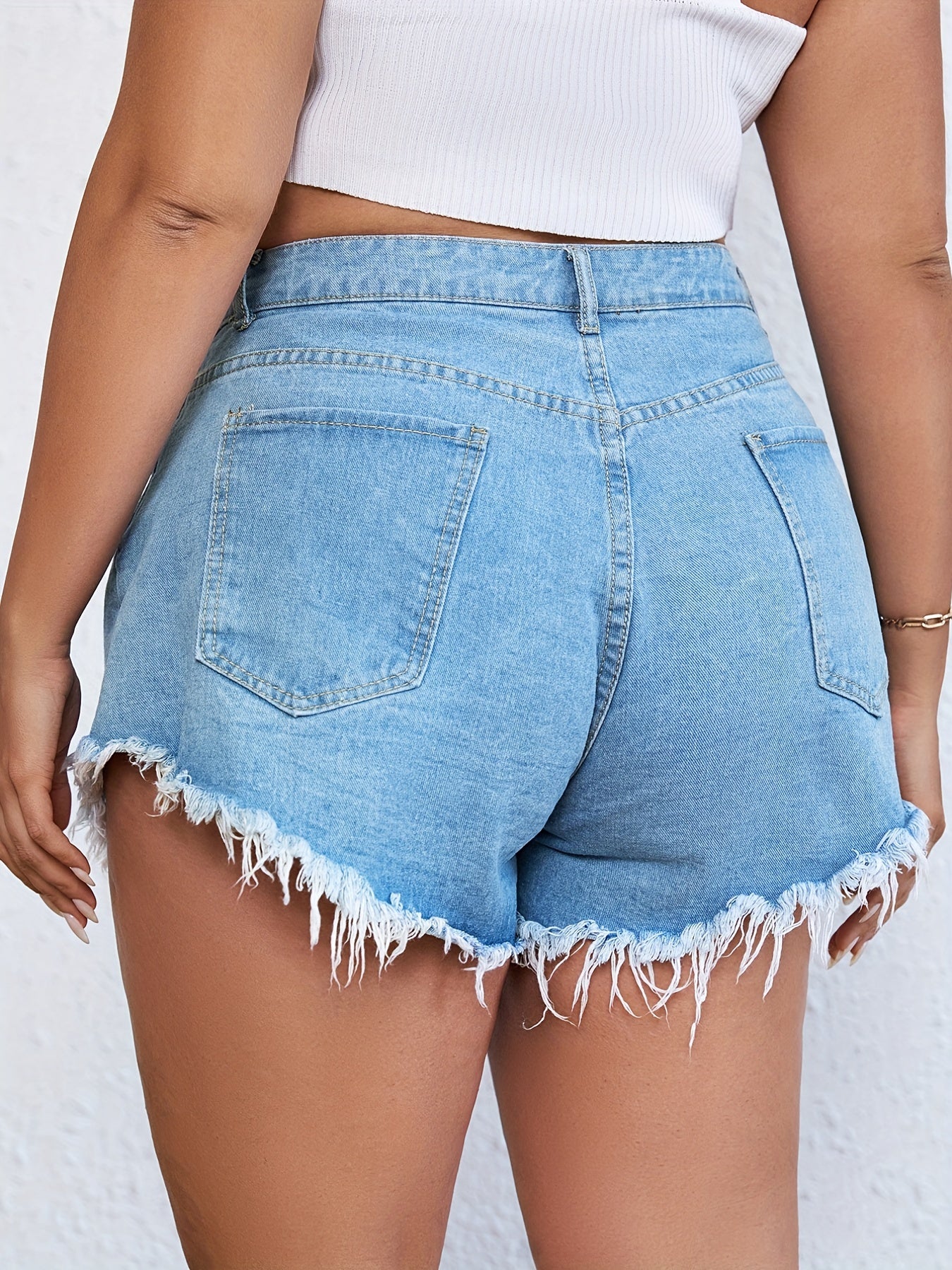  High Rise Fringe Trim Denim Shorts