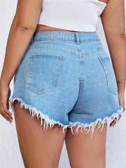 High Rise Fringe Trim Denim Shorts