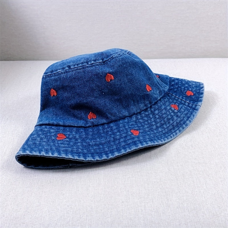 Heart Embroidery Bucket Hat Women Sunshade Fisherman Cap