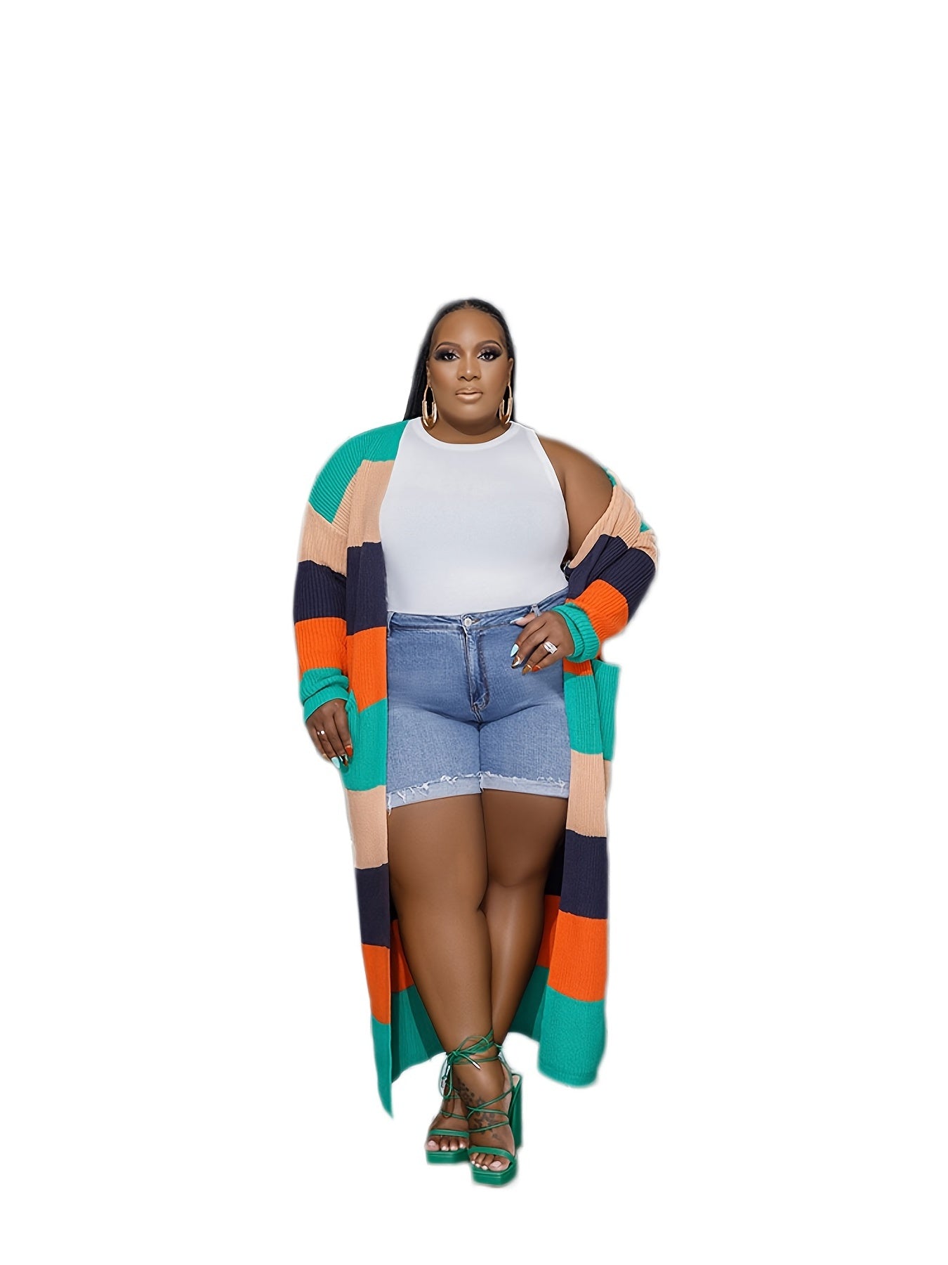  Colorblock Longline Sweater Cardigan High Stretch