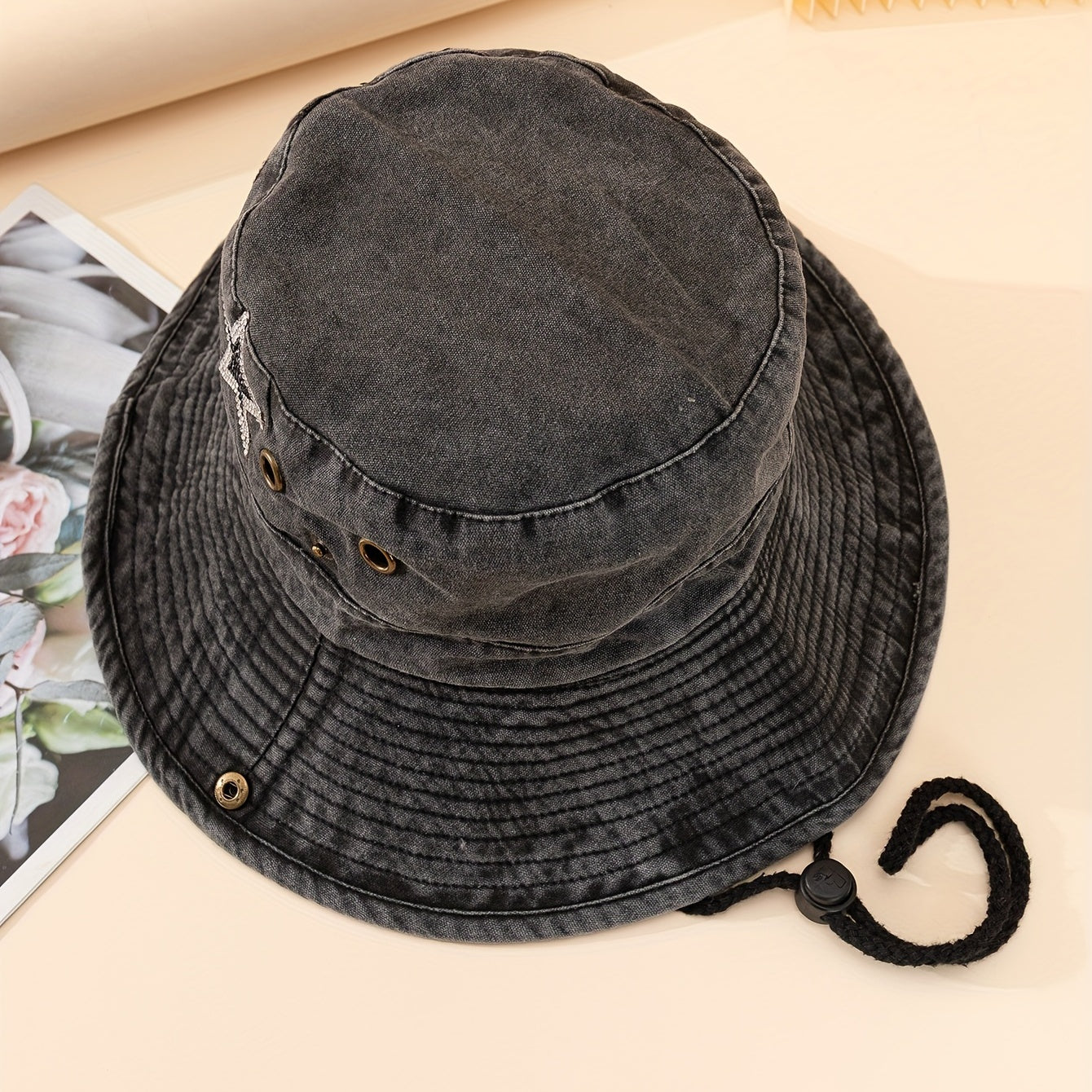 Rhinestone Pentagram Denim Bucket Hat Distressed Sun Hat Boonie Hats