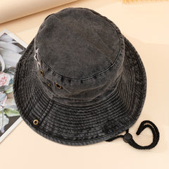 Rhinestone Pentagram Denim Bucket Hat Distressed Sun Hat Boonie Hats