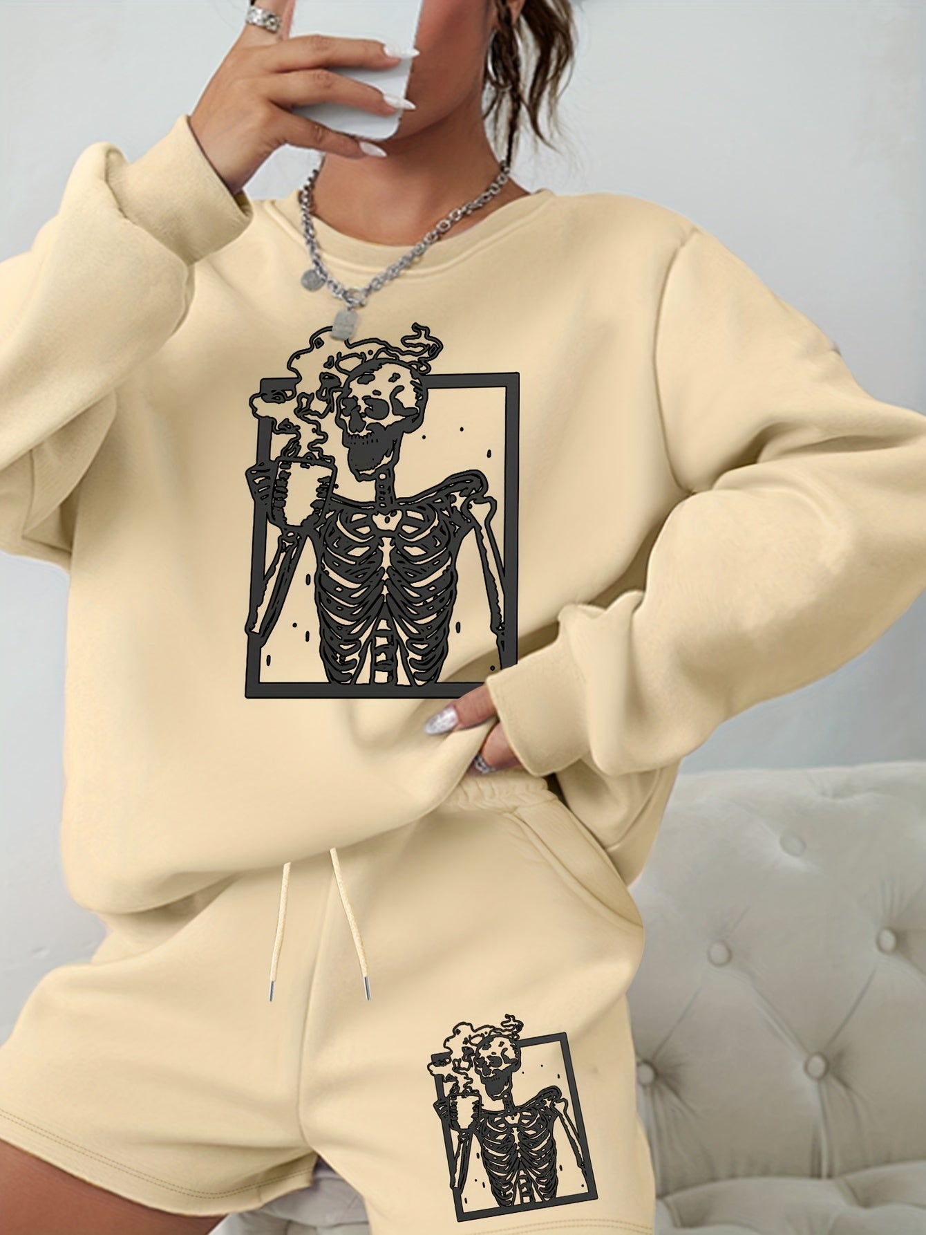  Halloween Casual Outfits Women's Plus Skull Print 2 Piece Set
