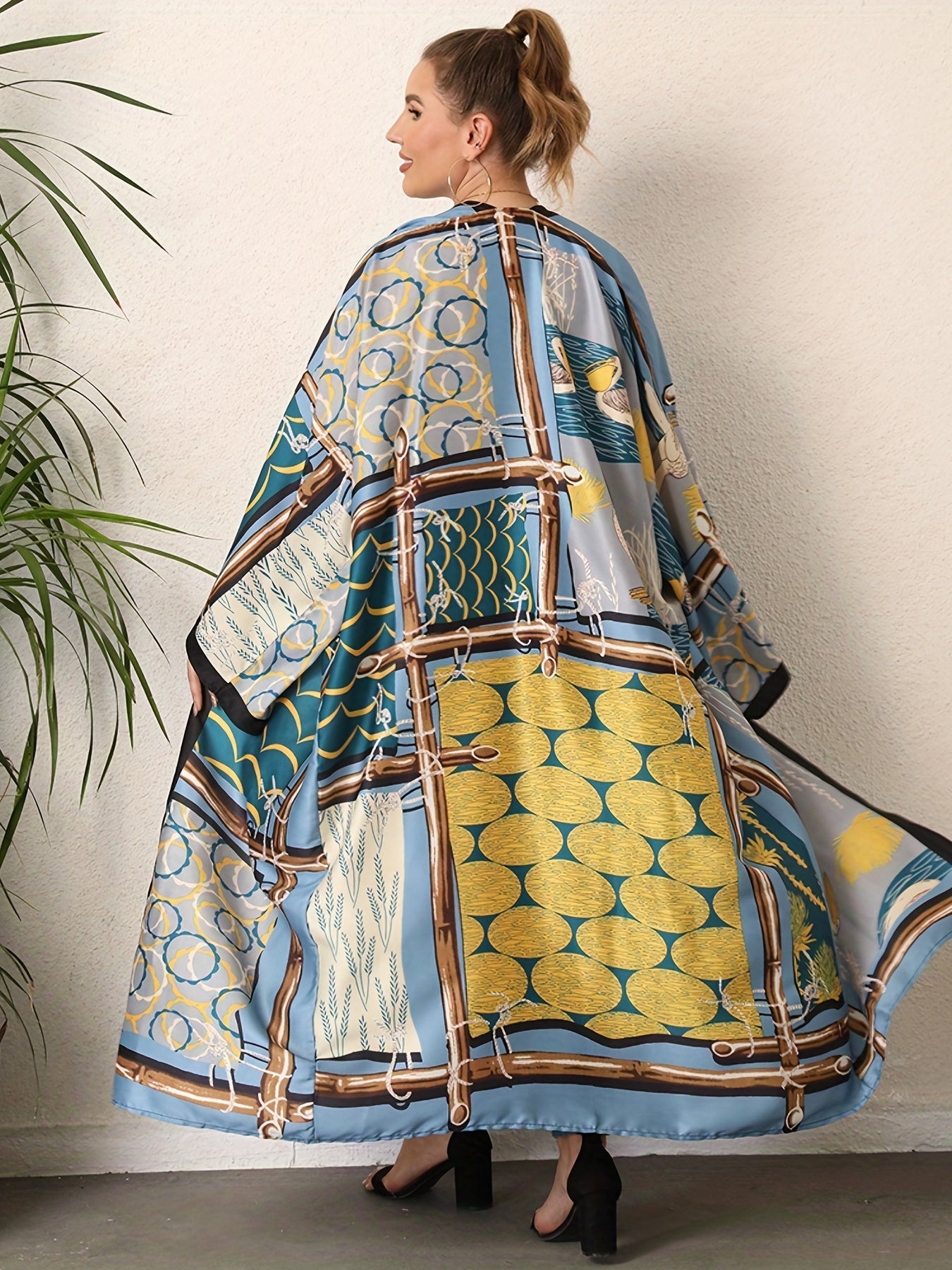  Boho Kimono Women's Plus Print Trim Long Sleeve Beach Cover Up