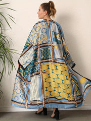  Boho Kimono Women's Plus Print Trim Long Sleeve Beach Cover Up