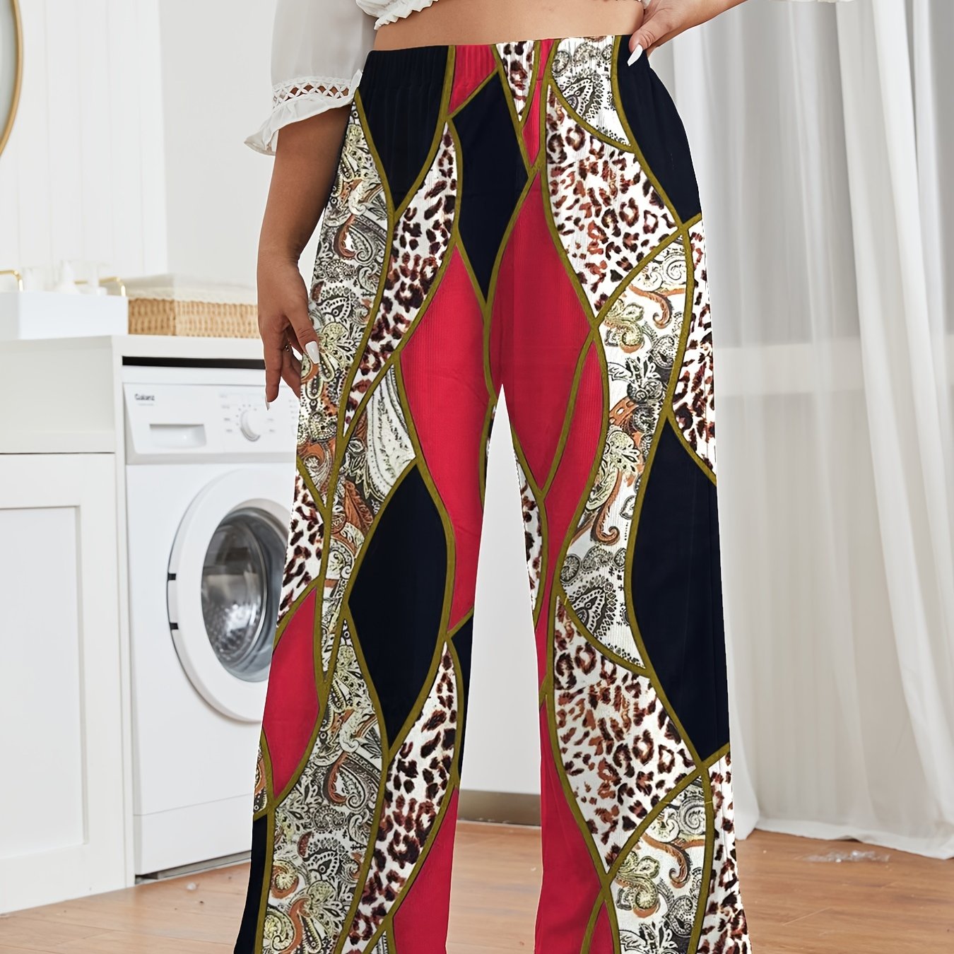  Graphic Print High Rise Wide Leg Pants Women's Plus