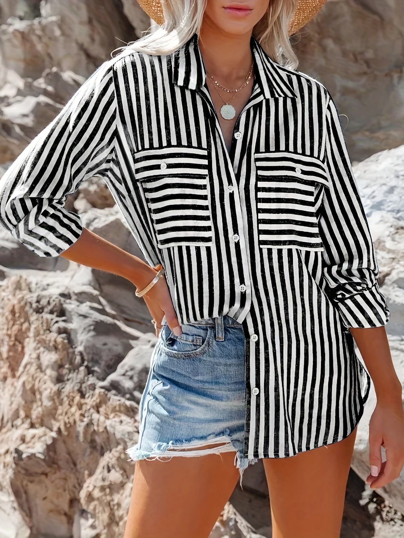  Stripe Print Long Sleeve Button Up Blouse