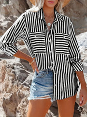  Stripe Print Long Sleeve Button Up Blouse