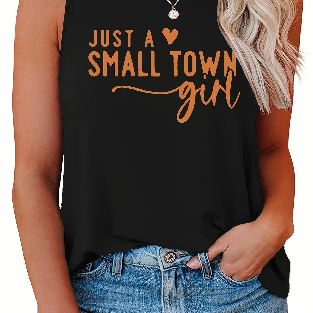  Slogan Print Tank Top Round Neck Stretch Casual Plus Women's