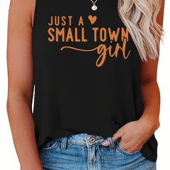  Slogan Print Tank Top Round Neck Stretch Casual Plus Women's