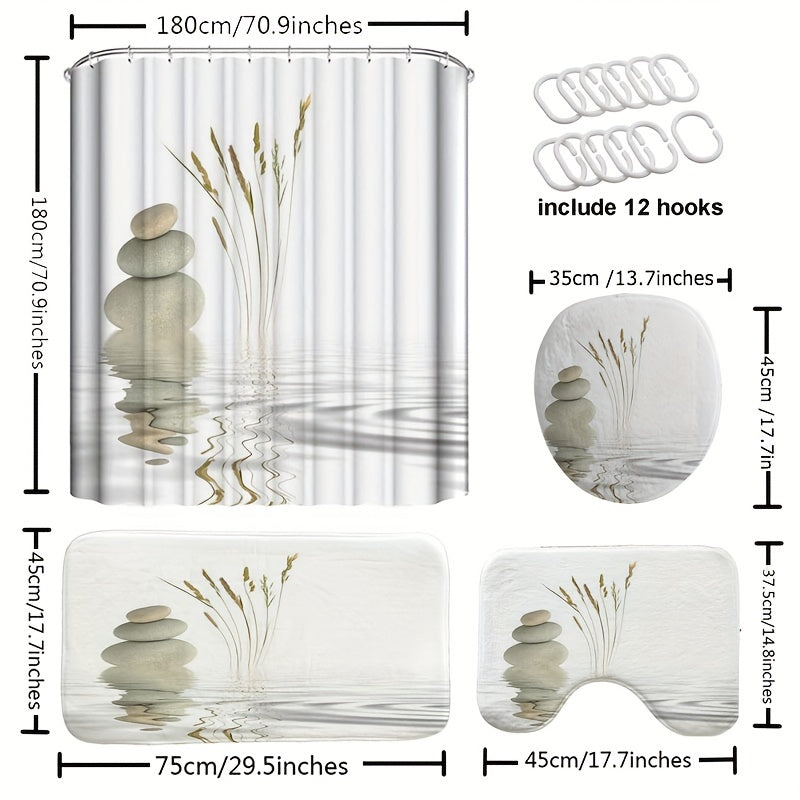 4pcs Stone Print Shower Curtain Set