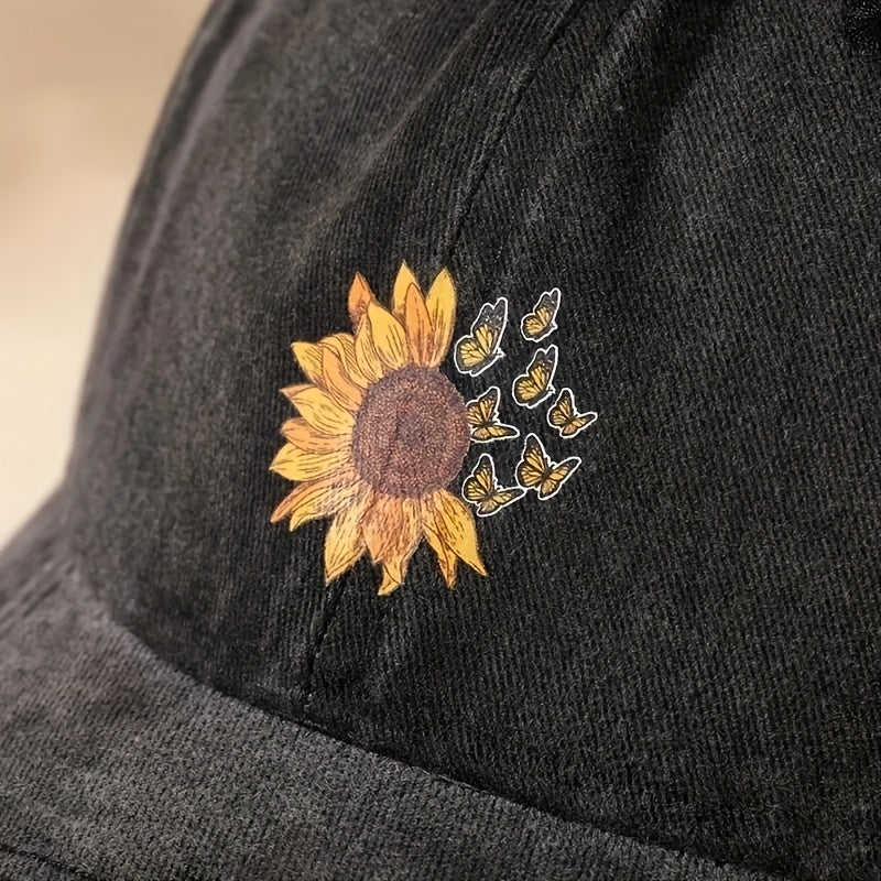 Sunflower Print Washed Baseball Cap Vintage Distressed Dad Hats