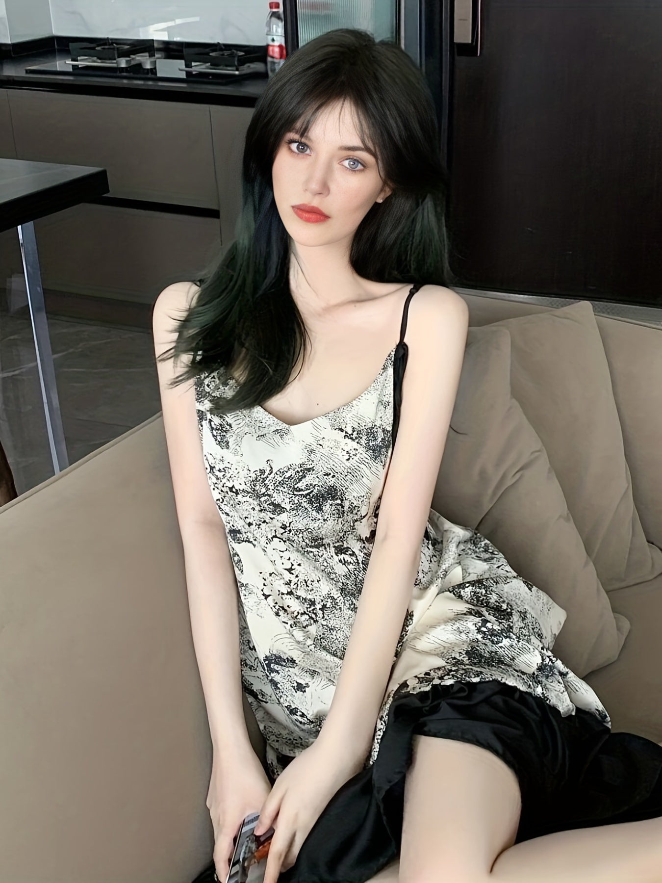 Ink Painting Print Nightdress Sexy V Neck Ruffle Spaghetti Strap