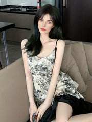 Ink Painting Print Nightdress Sexy V Neck Ruffle Spaghetti Strap