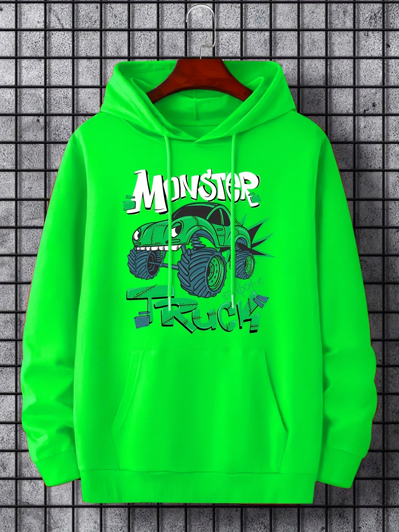 Men's Car Monster Print Hooded Sweatshirt Long Sleeve Drawstrings