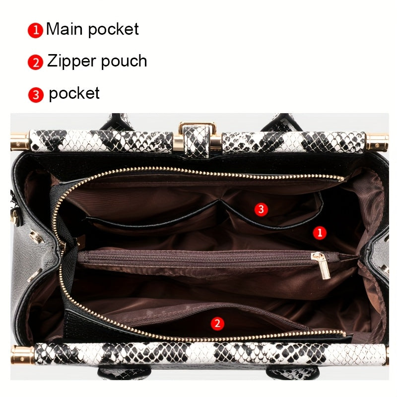 Stylish Snake Pattern Women's Handbag with Golden Tone Hardware