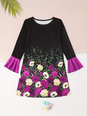 Girls Casual Splicing Flower Print Long Sleeve Dress