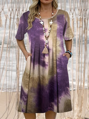  Tie Dye Short Sleeve Round Neck Casual Dress with Pockets