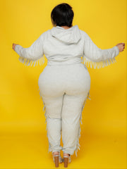  Fringe Trim Hoodie & Sweatpant Set Women's Co ords Two Pieces