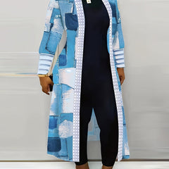 Denim Print Patchwork Knitted Cardigan Long Sleeve Outwear