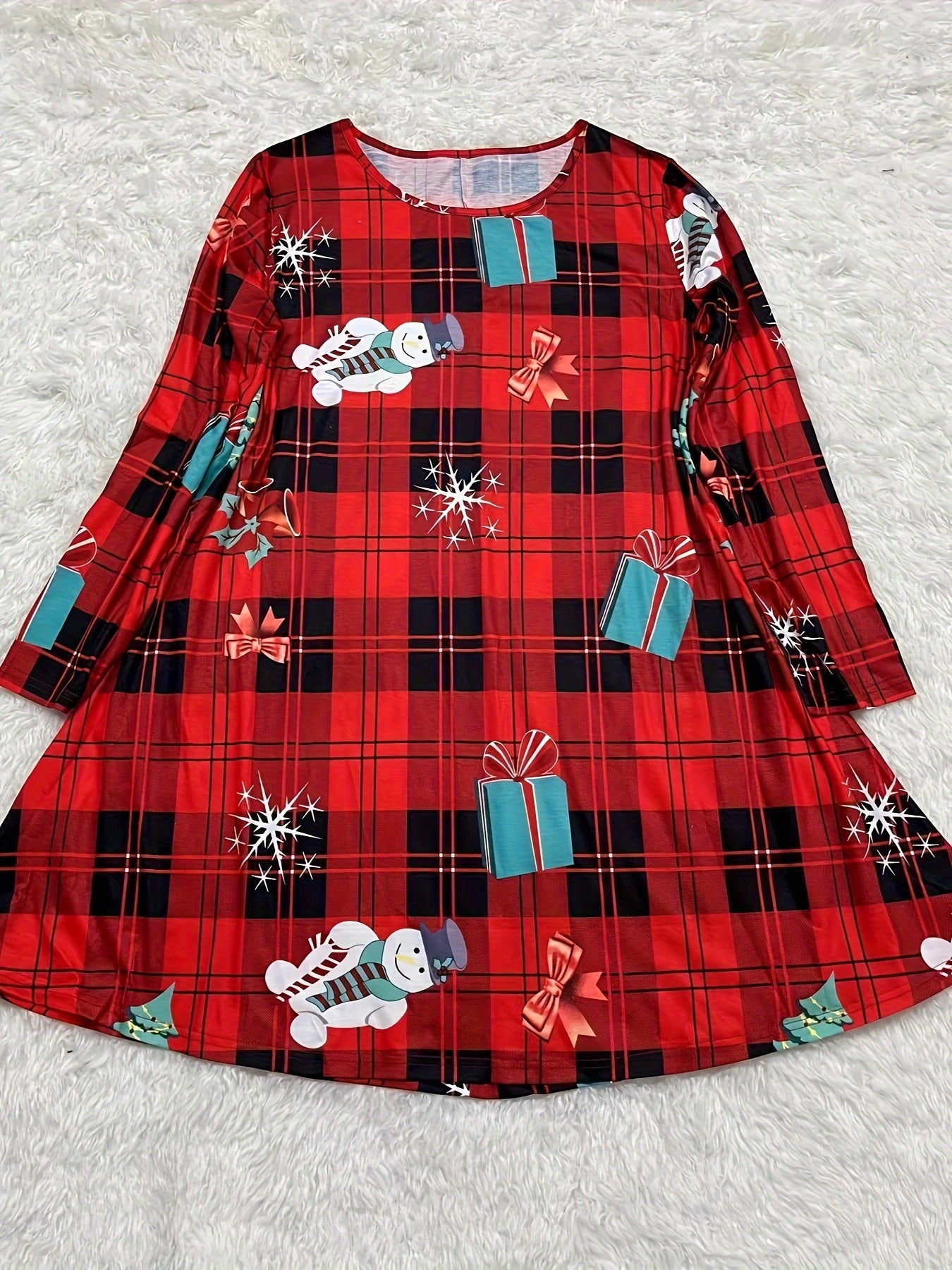  Christmas Dress Women's Plus Christmas & Snowman Print Round Neck