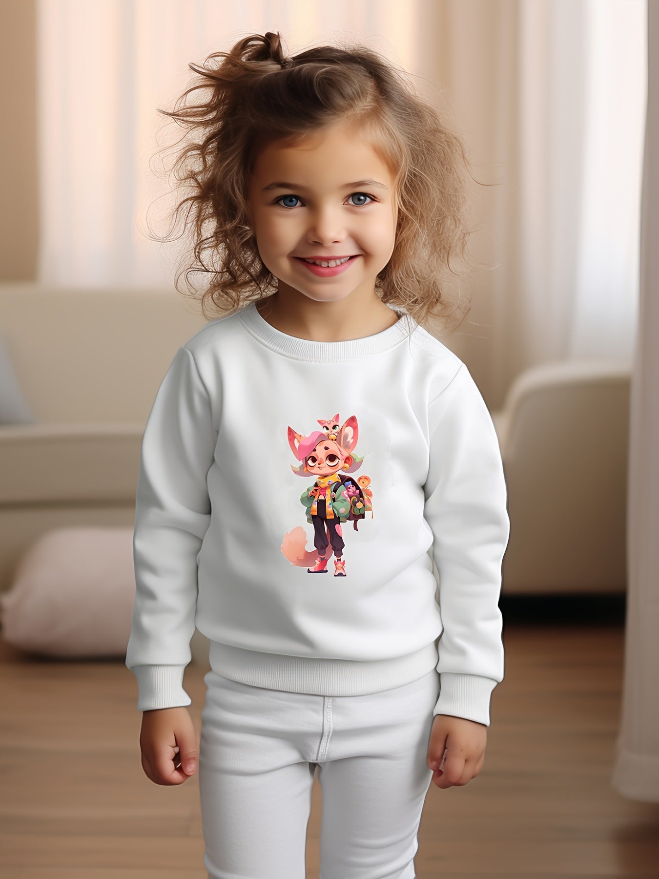 Cartoon Animal Print Girls Casual Pullover Sweatshirt Long Sleeve