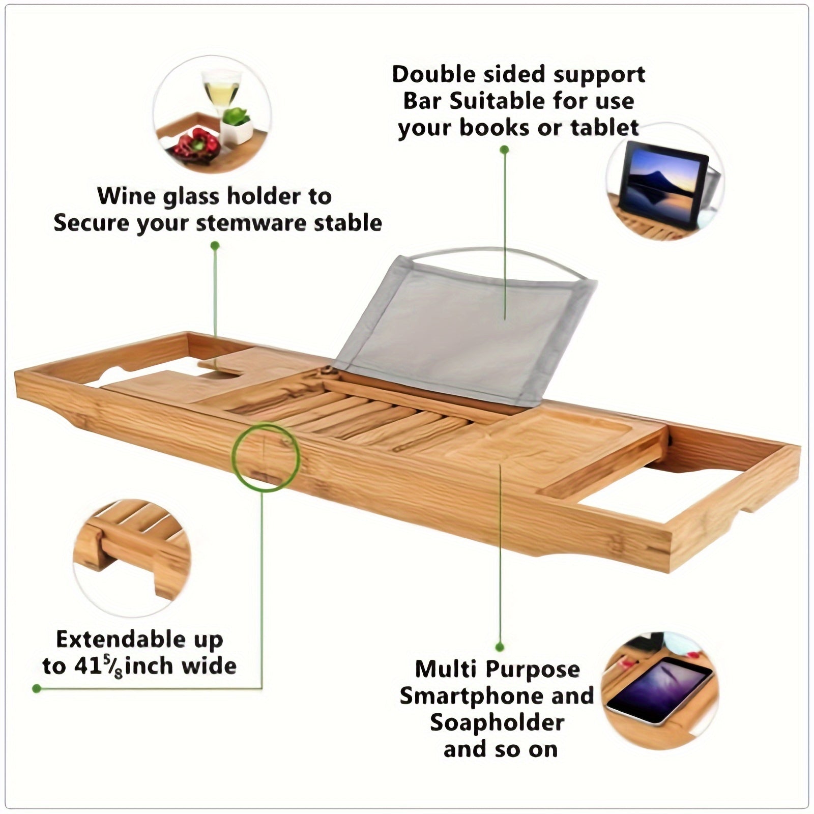 Bamboo Bathtub Tray with Book/Tablet/Smartphone/Wine Holder