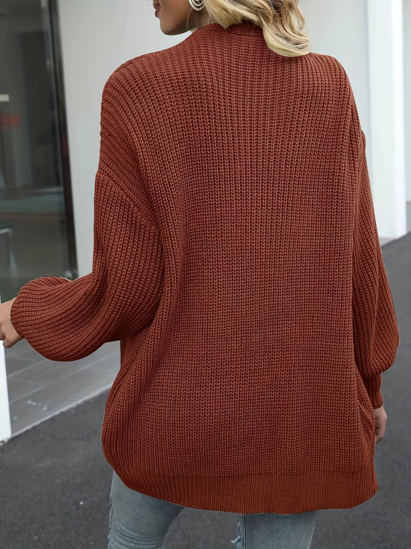  Solid Lantern Sleeve Open Front Cardigan