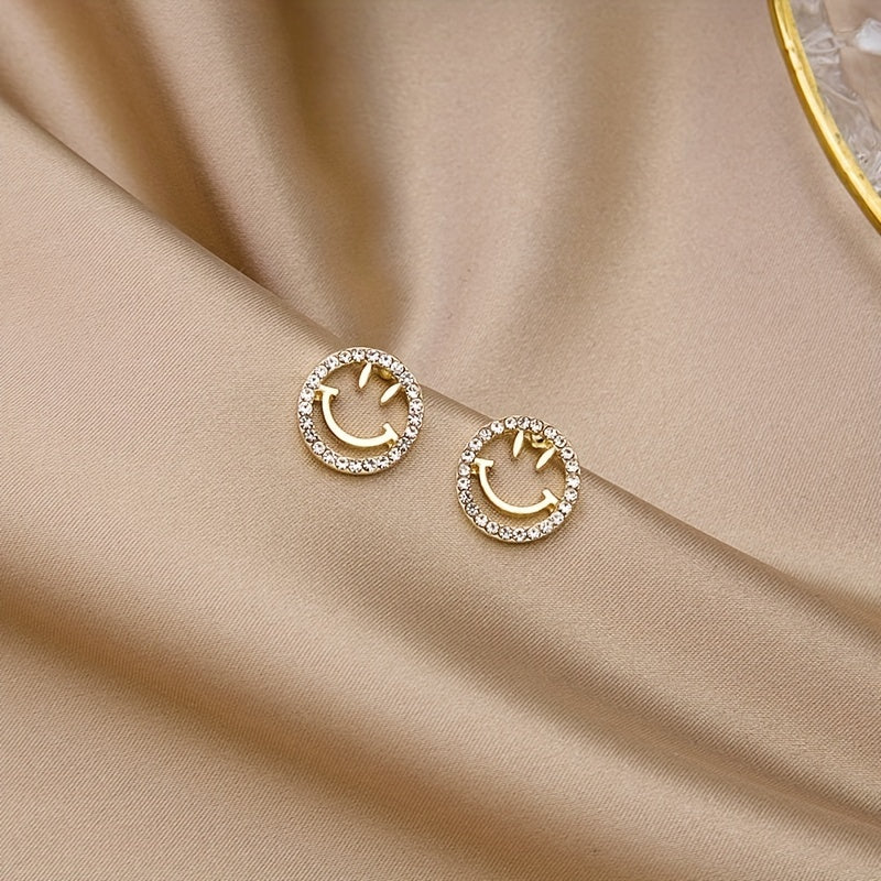 Golden Silvery Smiling Face Zircon Stud Earrings Japanese Style