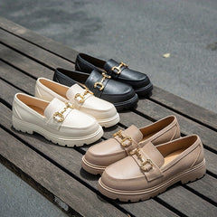 Women's Platform Loafers Slip On Shoes Retro Buckle Decor